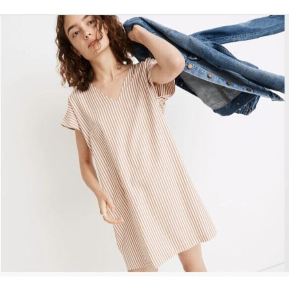 Madewell Button Back Easy Dress Size XXS Camel Tan White Striped Tunic Loose